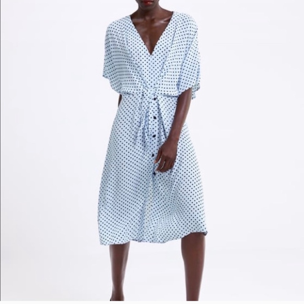 ZARA Light Blue and black polka dot tie midi dress